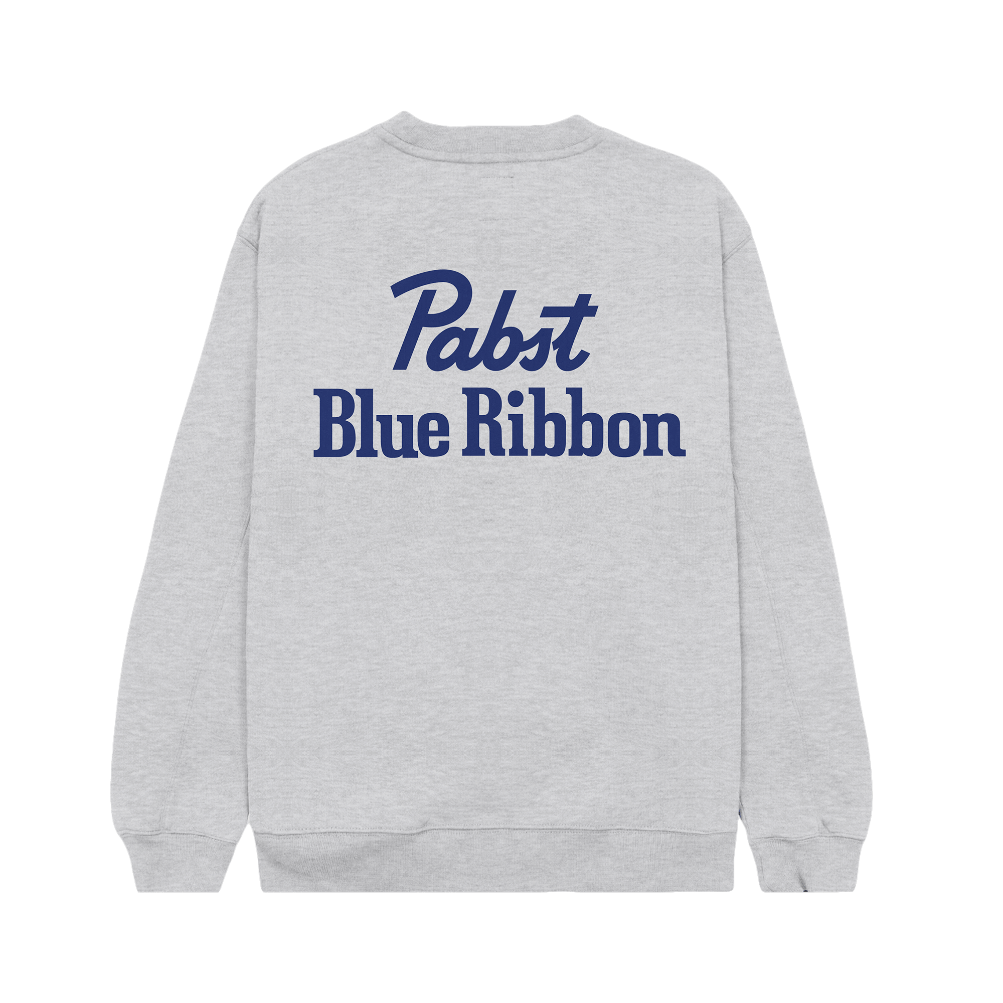 Gray sweatshirt with 'Pabst Blue Ribbon' text on the back against a green background