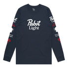 A dark navy blue long-sleeve t-shirt with 'Pabst Light' printed in white across the chest, featuring additional white and red text graphics on both sleeves, displayed flat against a white background.