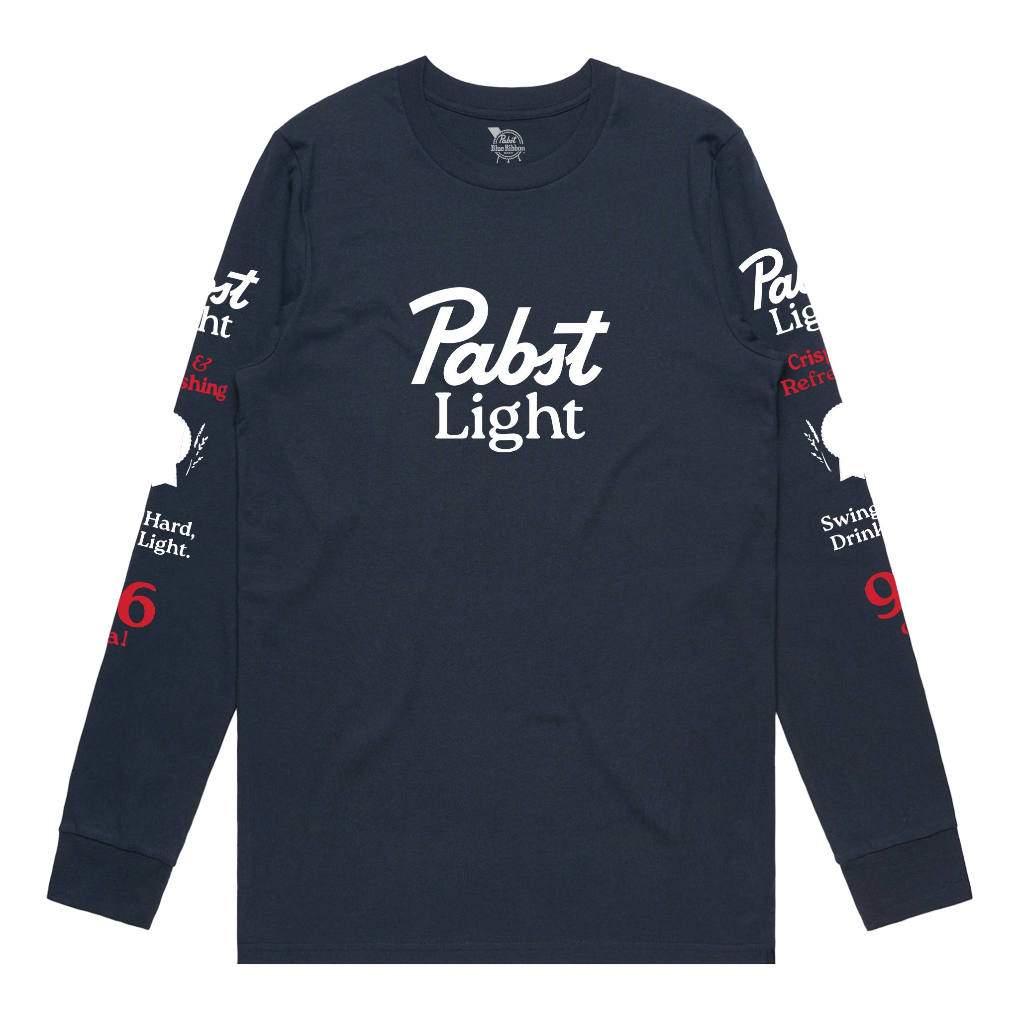 A dark navy blue long-sleeve t-shirt with 'Pabst Light' printed in white across the chest, featuring additional white and red text graphics on both sleeves, displayed flat against a white background.