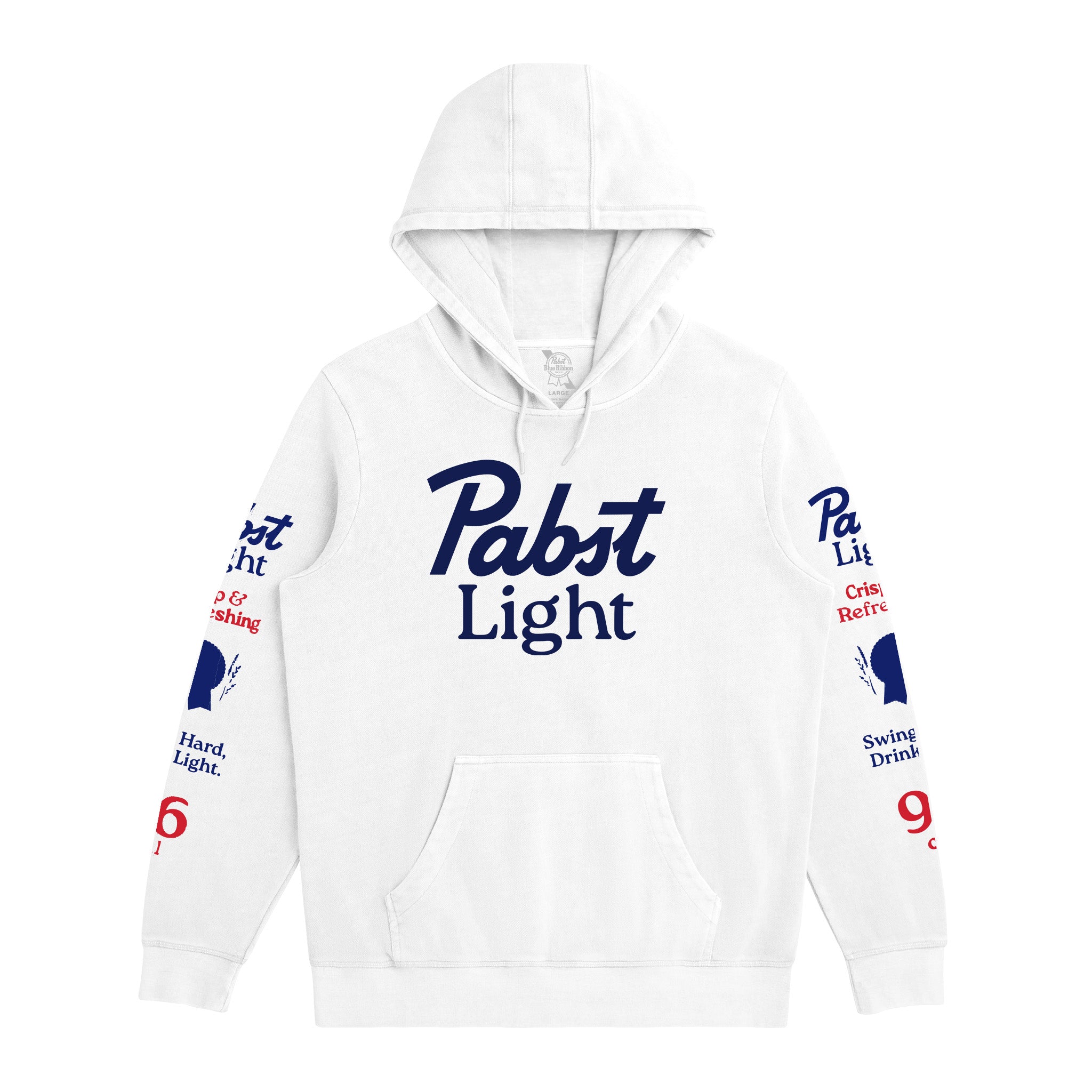 A white pullover hoodie featuring the 'Pabst Light' logo printed in navy blue across the chest, with additional red and navy text and graphics printed on both sleeves.