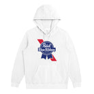 White hoodie with Pabst Blue Ribbon logo