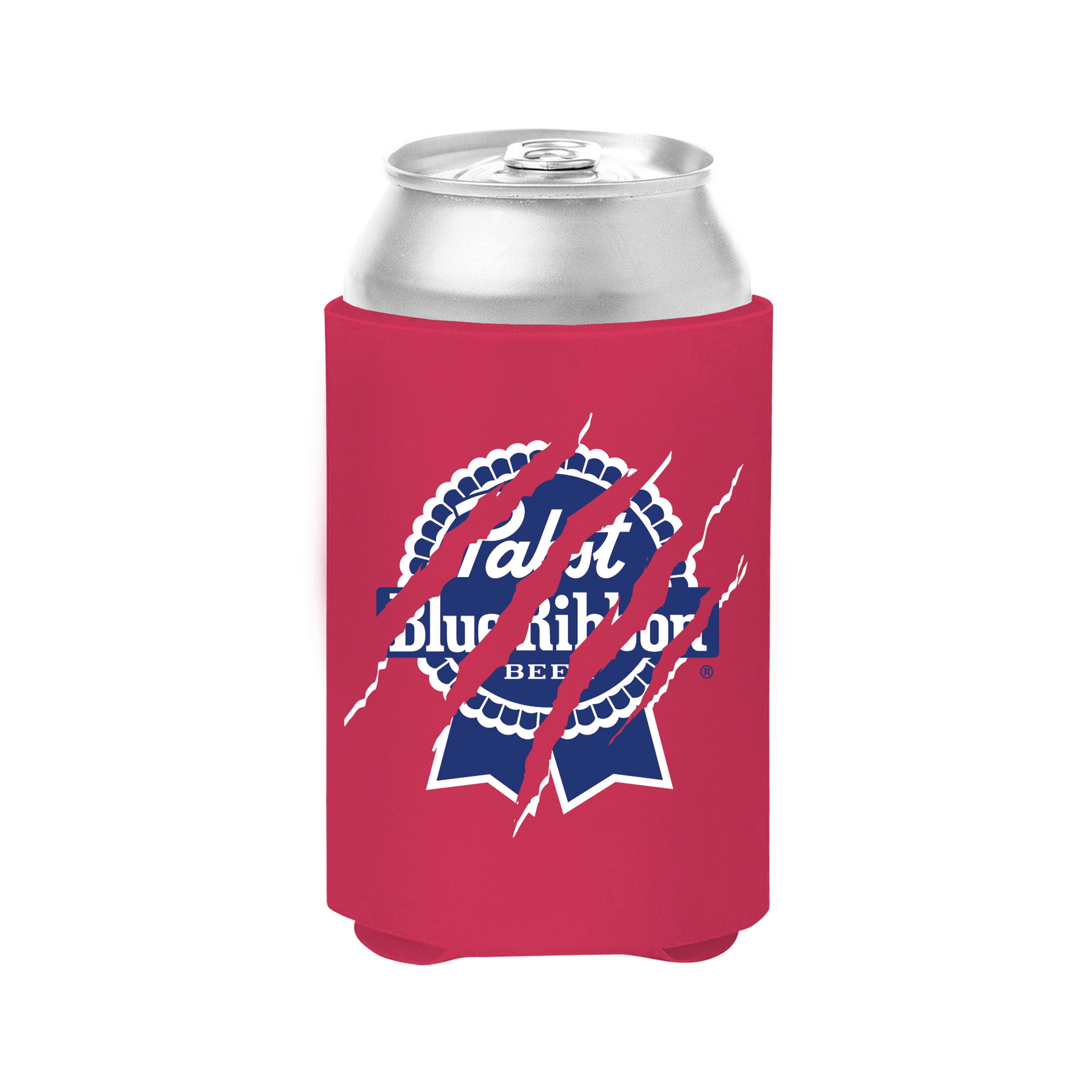 Red can koozie with ripped Pabst Blue Ribbon design.