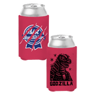 Two red can doozies with Godzilla and Pabst Blue Ribbon logo