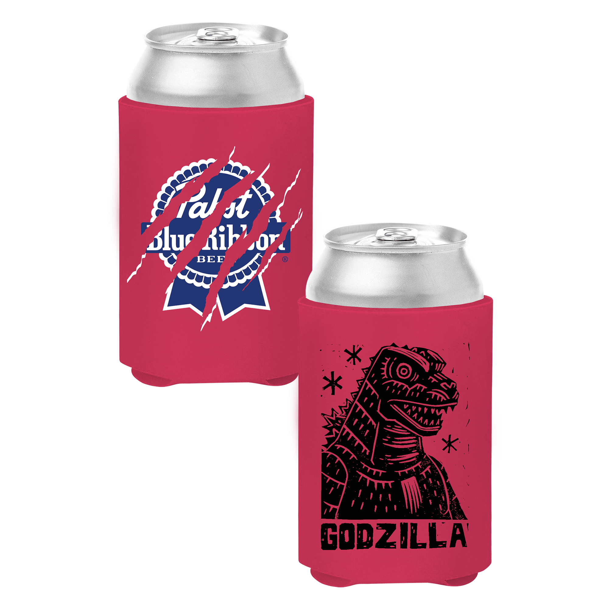 Two red can doozies with Godzilla and Pabst Blue Ribbon logo