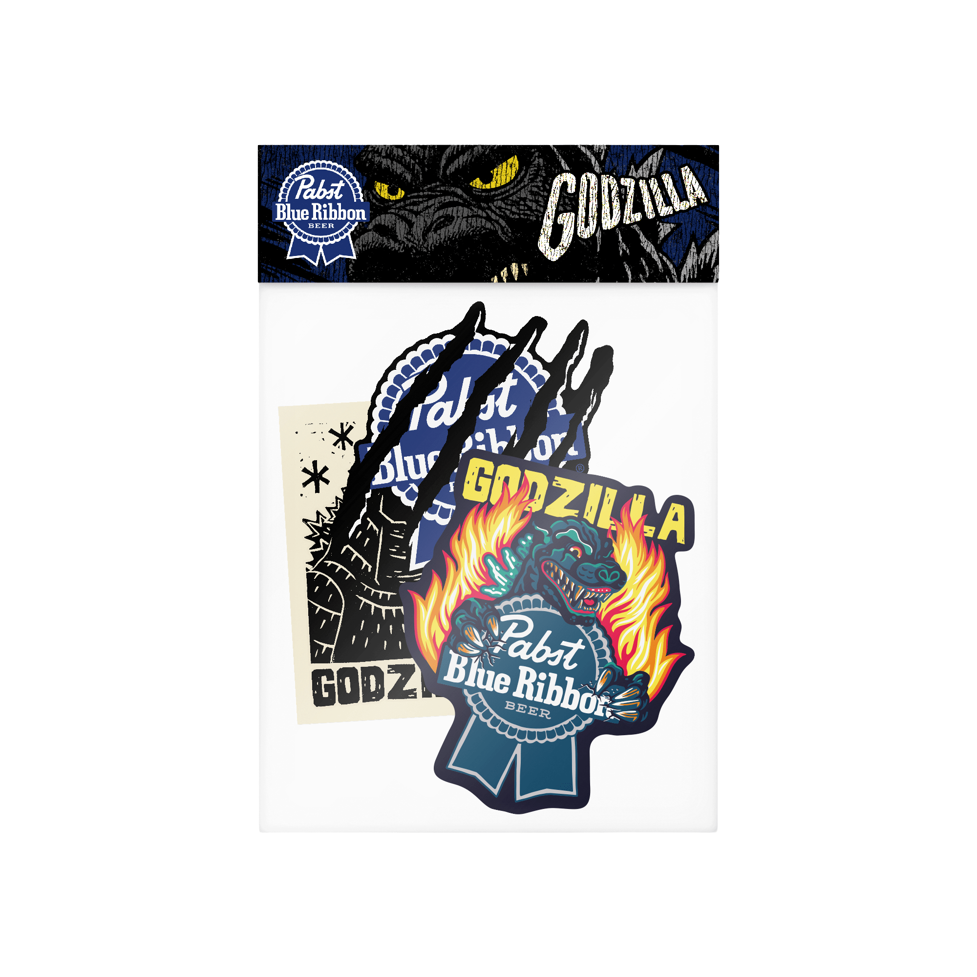 Set of 'Godzilla' themed stickers featuring Pabst Blue Ribbon branding .